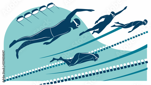 Modern vector illustration of a competitive swimming race with four athletes doing freestyle in a blue pool, showing lane lines and flags. Aquatic sport graphic.