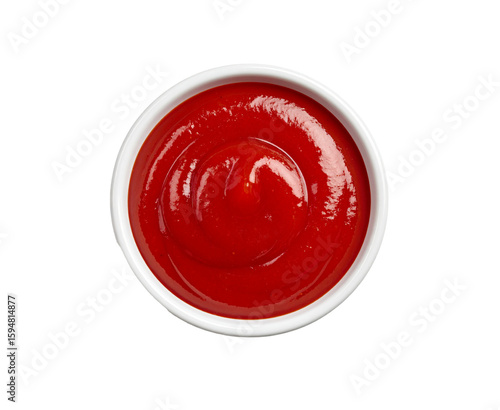 Tomato ketchup top view in round bowl on transparent background