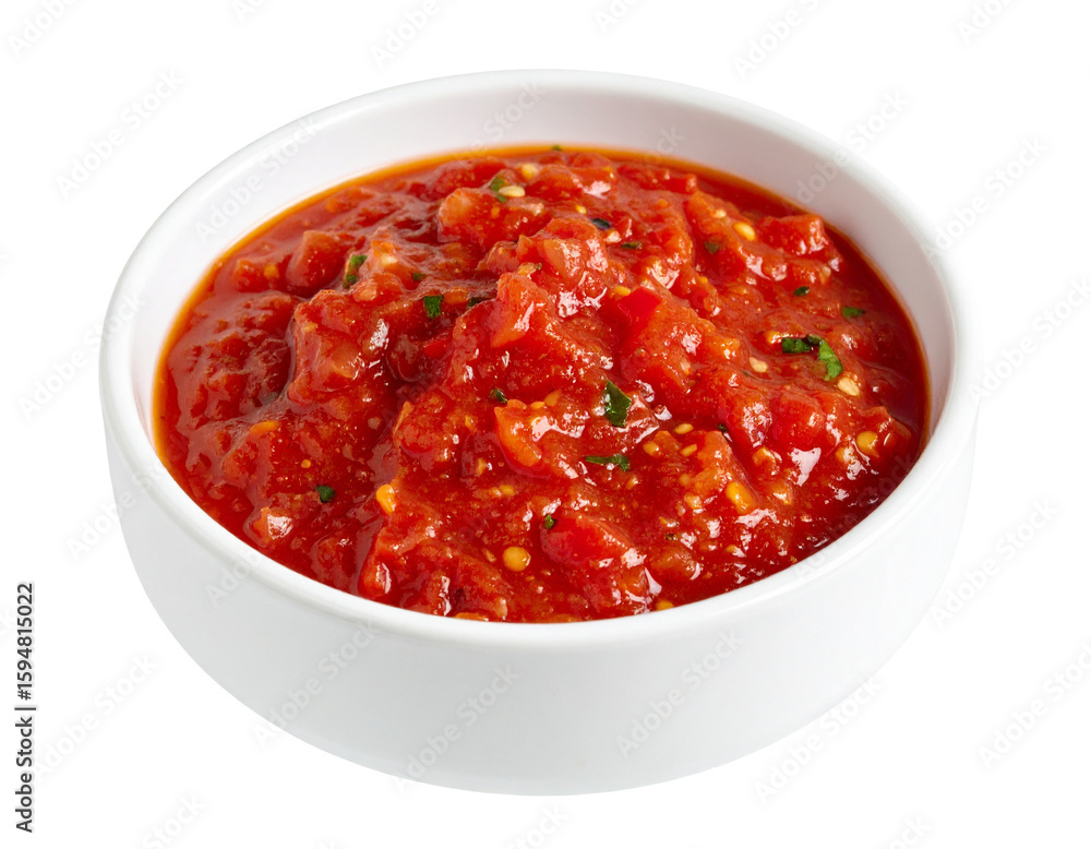 Chunky tomato sauce in white bowl on transparent background Chunky tomato sauce in white bowl on transparent background