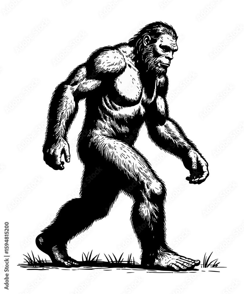 Fototapeta premium Ink Illustration of Bigfoot Walking Sasquatch Creature with Dense Fur Mysterious Forest Dweller in Monochrome Wild and Elusive