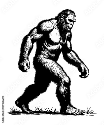 Ink Illustration of Bigfoot Walking Sasquatch Creature with Dense Fur Mysterious Forest Dweller in Monochrome Wild and Elusive