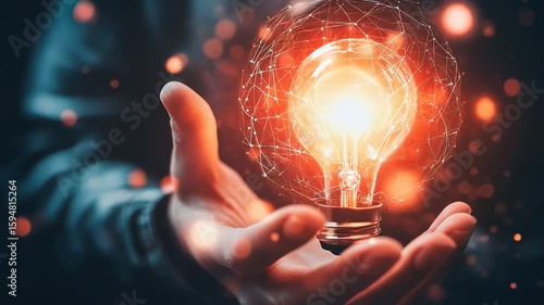 Hands cradle a radiant light bulb, illuminated with vibrant energy, symbolizing new ideas and creativity. This moment captures the essence of inspiration and artistic vision in a dramatic ambiance.