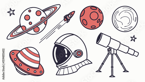 Whimsical space doodle vector set with Saturn rocket Mars planet moon UFO astronaut helmet and telescope in a hand drawn outline illustration style with red accents