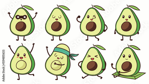 Vibrant cartoon avocado characters vector illustration set. Eight cute kawaii avocados with funny poses, happy emotions, and playful expressions. Healthy fruit design elements.