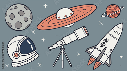 Cute cartoon space exploration vector illustration set with rocket, astronaut helmet, Moon, Saturn, UFO, and telescope on a starry background.