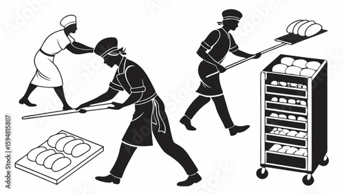 Skilled bakers in a commercial bakery preparing and moving fresh bread loaves with oven peels, loading them onto a multi-shelf cooling cart, black and white illustration.