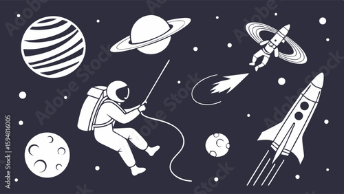 Monochrome space exploration doodle line art with astronaut, rockets, Saturn, planets, and moon. Simple vector illustration for astronomy, science, and outer space themes.