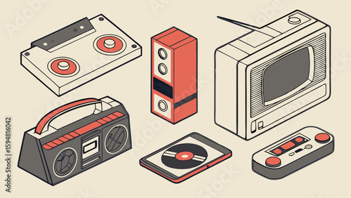 Isometric Retro Line Art Vintage Electronics Set Old TV Boombox VCR Speaker Remote Smartphone Music Player Illustration