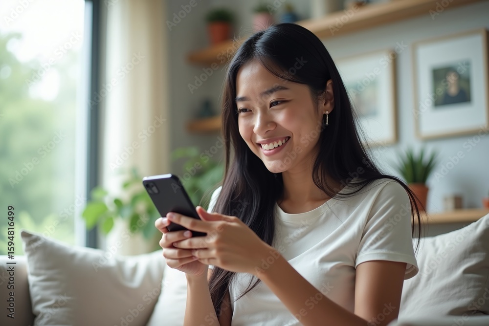 Happy woman using smartphone at home, online shopping, natural light Happy woman using smartphone at home, online shopping, natural light