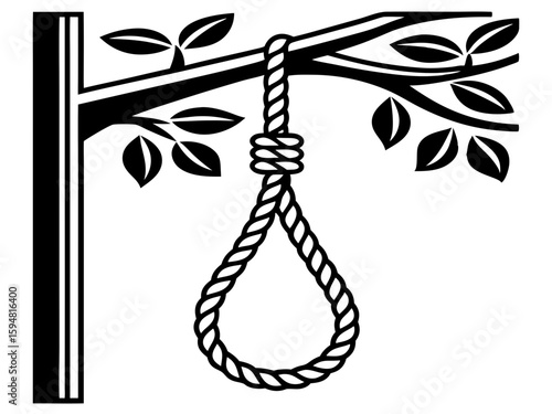 A noose hangs from a tree branch with leaves in a stark black and white illustration