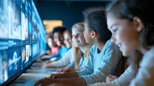 A group of children joyfully interacts with large screens, engaging with various digital content. Their faces light up with curiosity and excitement, showcasing a lively learning atmosphere.