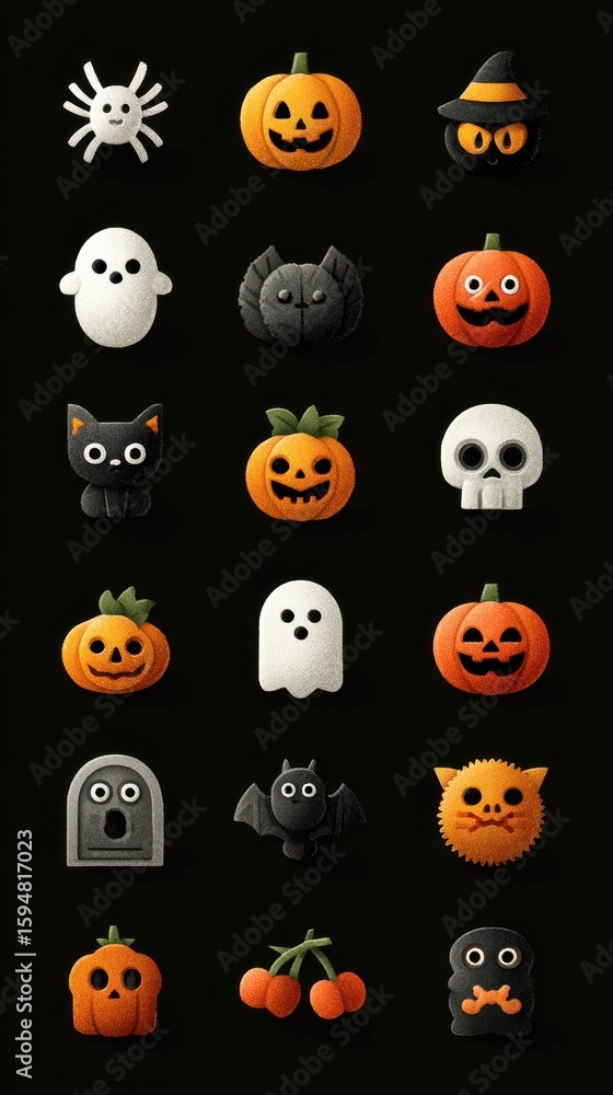 Obraz premium Colorful Halloween decorations featuring pumpkins, ghosts, and spooky characters on a black background