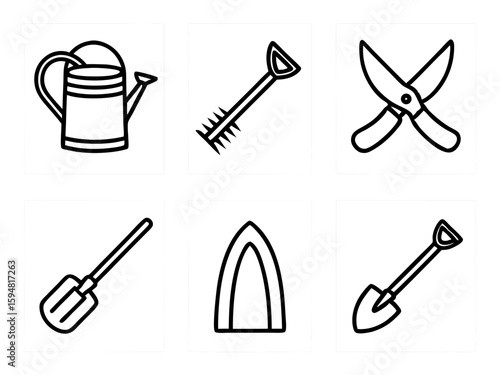 Collection of garden tools and equipment icons in black and white