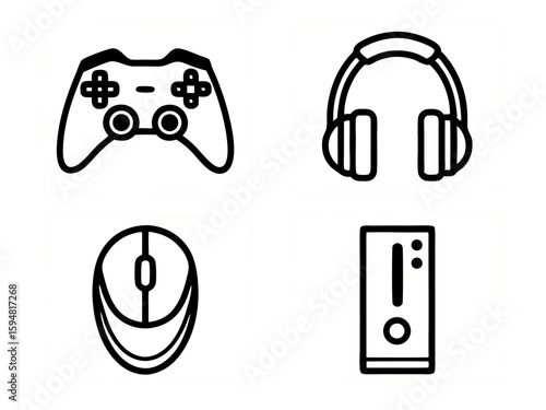Gaming accessories icons controller headphones mouse and computer tower