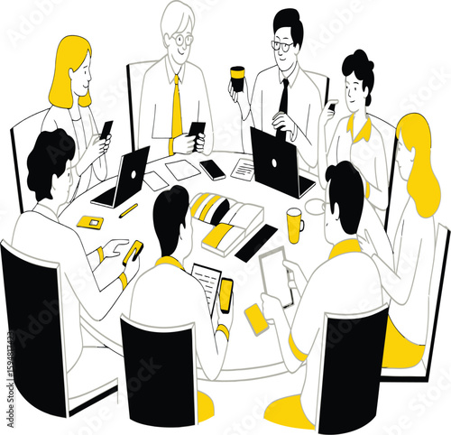 Group of people sitting around a round table with laptops and phones in a meeting setting displayed