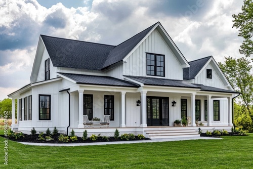 Stylish white rural house with black windows, dark roof shingles, and front porch pillars