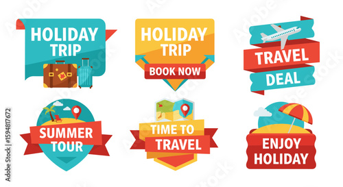 Colorful travel and holiday-themed badges and labels are displayed, with text promoting summer tours, travel deals, and booking information for vacations and getaways.