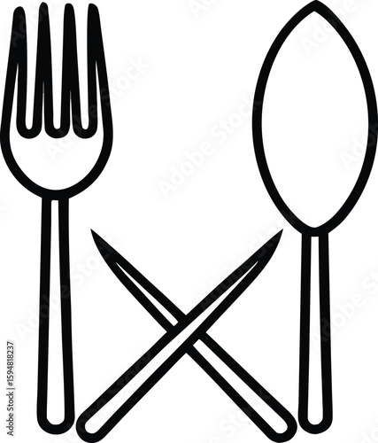 Culinary Trio: An artful black and white outline presents the classic utensils: a fork, spoon, and crossed chopsticks, ready for any dining experience.