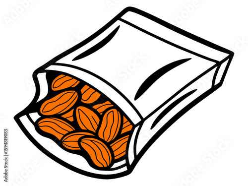 A bag of delicious almonds spilling out onto a light green background