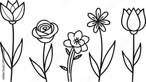Elegant Floral Line Art: Five delicate flowers, each unique in its form, stand poised against a subtle backdrop, a testament to nature's refined artistry.