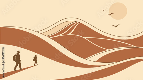 Minimalist desert landscape with two hikers walking across rolling sand dunes under a warm sun and flying birds, a serene sepia toned digital art.