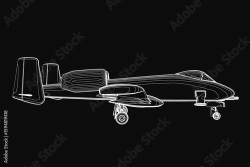 A detailed black and white combat aircraft contour drawing stands out against a stark black background. The airplane features clearly defined wingspan, tail fins, and intricate detailing.
