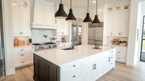 Clean white kitchen with icy marble countertops, smooth birchwood island with inset sink and integrated lighting, matte black pendants overhead.