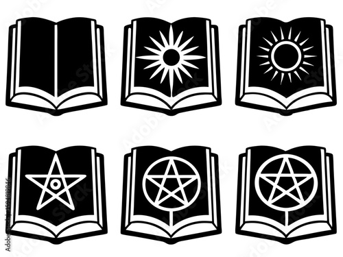 Collection of open books featuring mystical symbols and celestial bodies