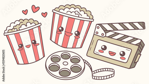 Cute Kawaii Movie Night Essentials Illustration with Adorable Popcorn Buckets, Film Reel, and Clapperboard for Cinema and Entertainment Themes
