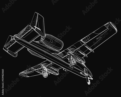 A detailed black and white combat aircraft drawing with clearly defined contour lines stands out against a stark black background. The wingspan and tail fins are meticulously rendered.
