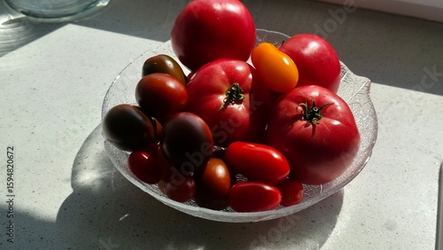 cherries in a bowl Small tomatoes and large tomatoes red and orange juicy in the sunshine