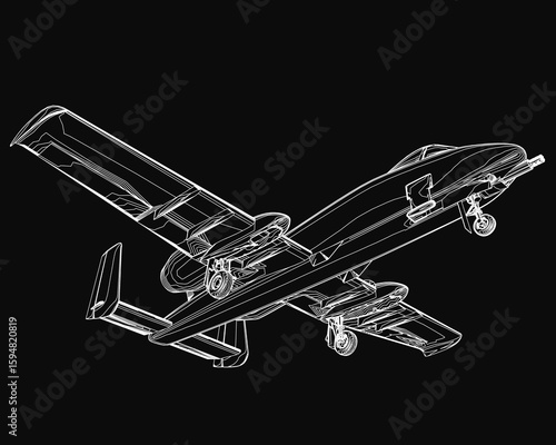 A detailed black and white combat aircraft drawing with sharp contour lines stands out against a dark background. The wings, tail, and engines are meticulously rendered.