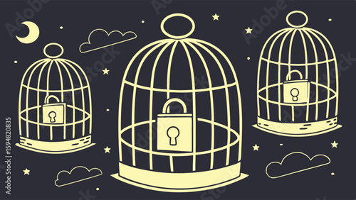 Minimalist vector illustration of three locked birdcages with padlocks inside, set against a dark night sky with moon, stars, and clouds, symbolizing confinement and security.