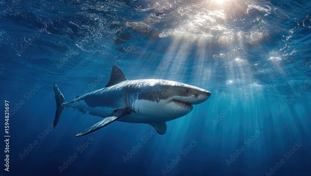 Naklejka premium Great white shark in sunlit ocean depths (4)