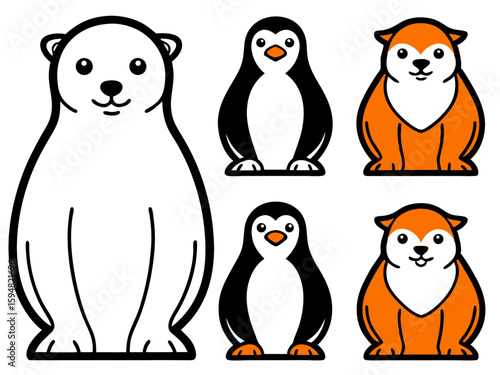 Cute cartoon arctic and antarctic animals collection with polar bear penguins and foxes