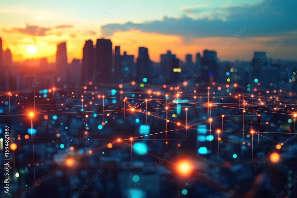 Obraz premium smart city tech overlay, glowing network system, ICT visual concept