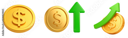Gold coin dollar currency finance green arrow growth increase profit success investment Gold coin with dollar symbol green arrow pointing upward and rising chart represent financial growth profit