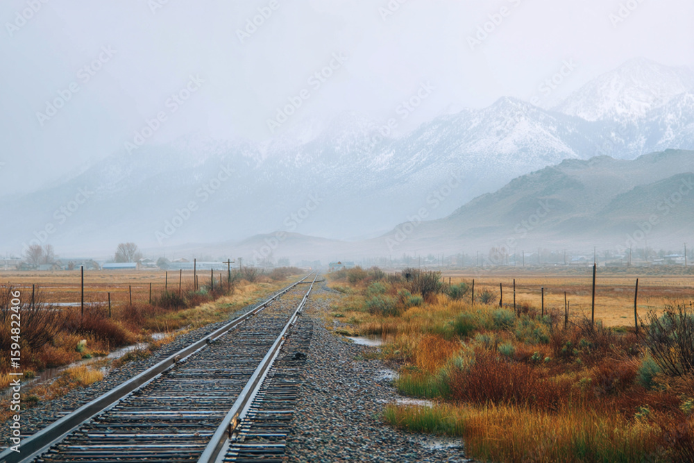 Fototapeta premium Foggy Railroad Tracks Leading Toward Snowy Mountains in Autumn Landscape