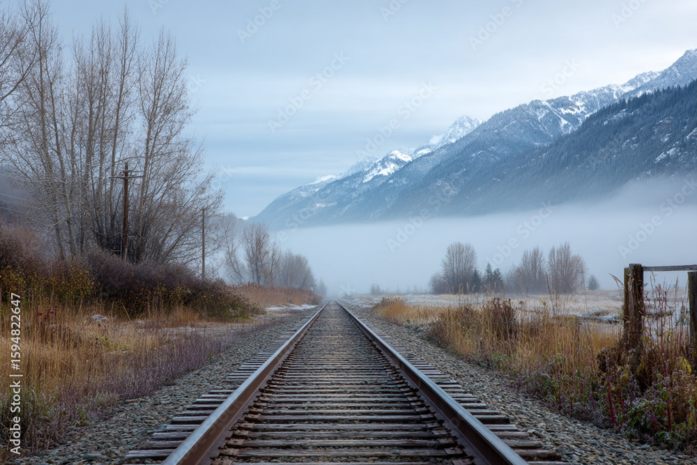 Fototapeta premium Foggy Railroad Tracks Leading Toward Snowy Mountains in Autumn Landscape