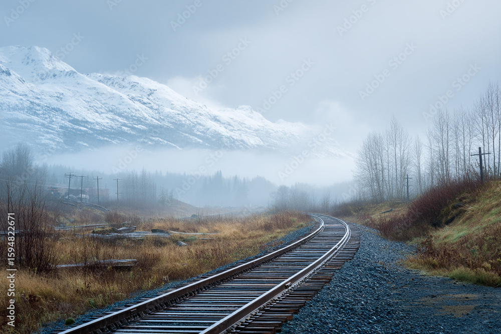 Fototapeta premium Foggy Railroad Tracks Leading Toward Snowy Mountains in Autumn Landscape