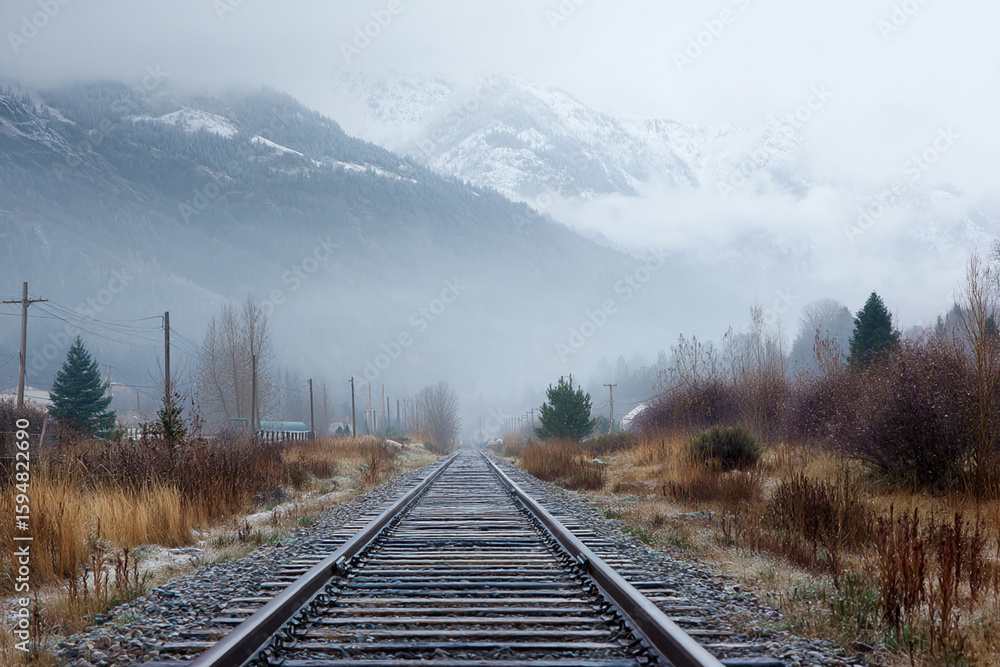 Fototapeta premium Foggy Railroad Tracks Leading Toward Snowy Mountains in Autumn Landscape