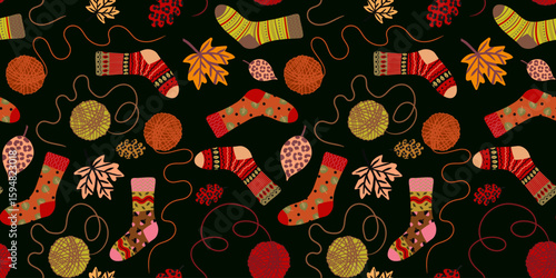 vector autumn pattern with knitted socks falling leaves yarn balls and thread lines for textile and packaging