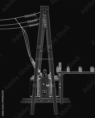 A black and white wireframe drawing of a power line tower with interconnected poles and cables. The electrical substation structure stands against a deep black background.