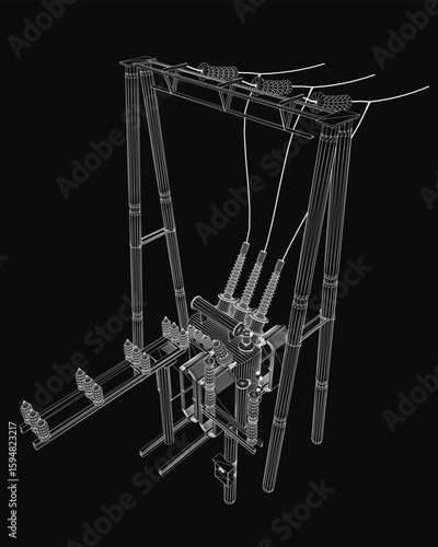 A high voltage transformer 3D wireframe model displays intricate electrical components on a black background. The detailed substation structure features realistic connections and transparent layers.