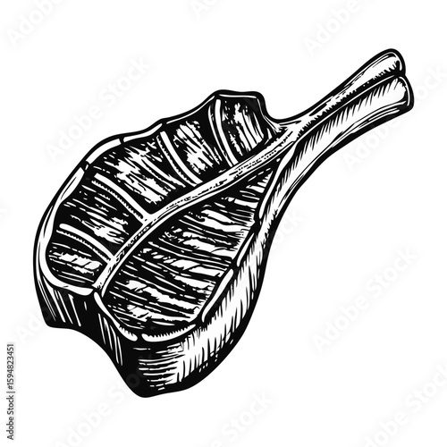 Hand-drawn grilled steak, a barbecue delicacy, presented in monochrome with detailed marbling. This grilled steak showcases a succulent cut, highlighting its texture, ideal for culinary presentations.