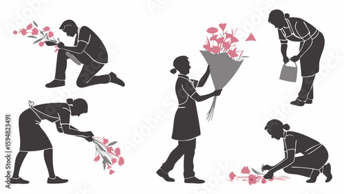Six silhouette illustrations of florists arranging, cutting, and wrapping pink flowers into bouquets. Floral shop workers tending plants, vector art set.