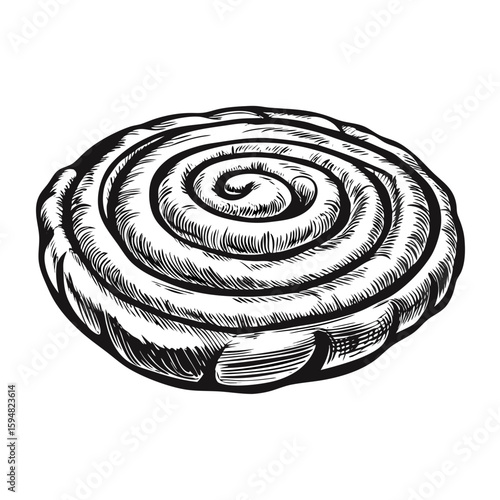 Ensaimada pastry illustration of a sweet spiral bun. Detailed ensaimada pastry drawing showcases its flaky layers and powdered sugar dusting, ideal for bakery menus and dessert promotions.