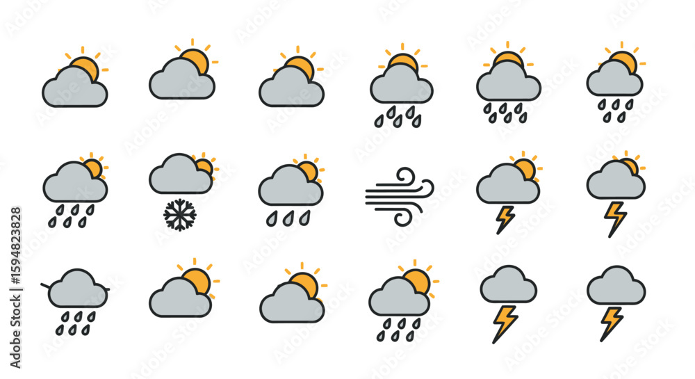 Obraz premium Weather Icons Set: Sunny, Cloudy, Rainy
