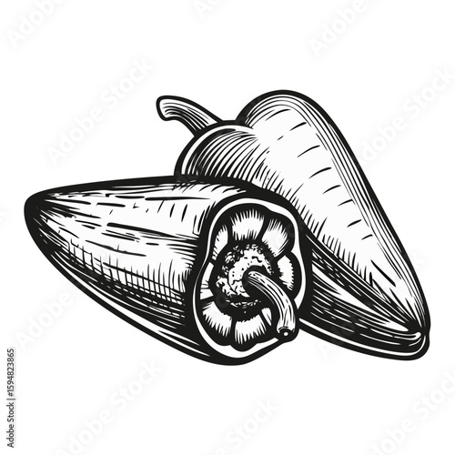 Illustration shows piquillo peppers stuffed with filling, displayed in a simple monochrome drawing. Piquillo peppers stuffed, arranged in eye-catching composition, reveal textures and contours.
