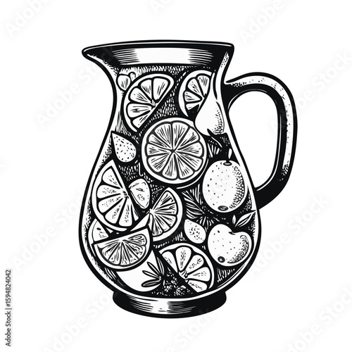 Sangria jug filled with fresh citrus fruits, apples and strawberries in an intricate ink drawing. Sangria jug containing refreshing beverage, perfect for summer days,